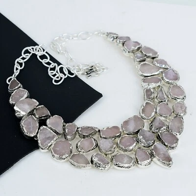 Collana In Argento Sterling 925 Con Gemma Di Quarzo Rosa Grezzo Regalo - Immagine 1 di 4
