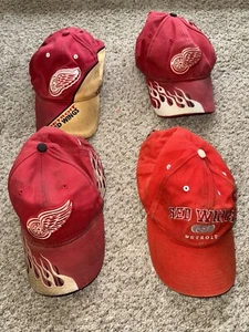 Vintage Detroit Red Wing Caps Set Of Four Red And White Logo Hats - Picture 1 of 12