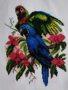 Cross stitch painted AIDA canvas tapestry PA1009 Parrots 11"x15"  - Picture 1 of 2