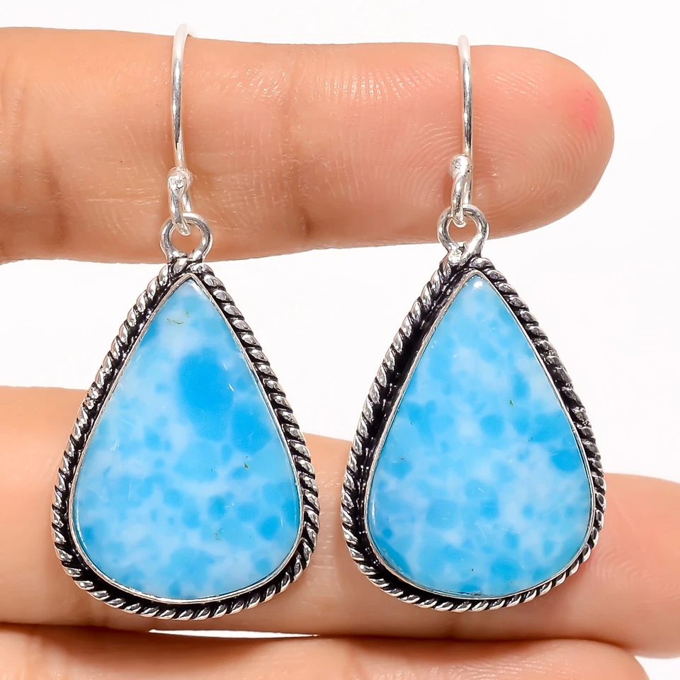Pendientes colgantes hechos a mano de plata 925 con piedras preciosas Larimar creados en laboratorio 1,7" ARE-4036 Foto 1 de 1
