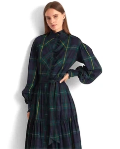 Lauren Ralph Lauren Tartan Plaid Midi Prairie Dress L / XL Navy Green Tie Belt - Bild 1 von 8