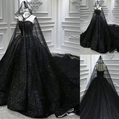 Vestidos de novia góticos negros con capa de lentejuelas sin tirantes tren de barrido vestido de novia Foto 1 de 4