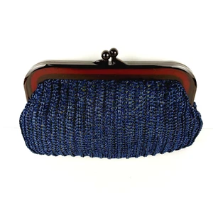 Vintage MCI Navy Straw Clutch Handbag with Maroon Tortoise Frame Closure - Picture 1 of 8