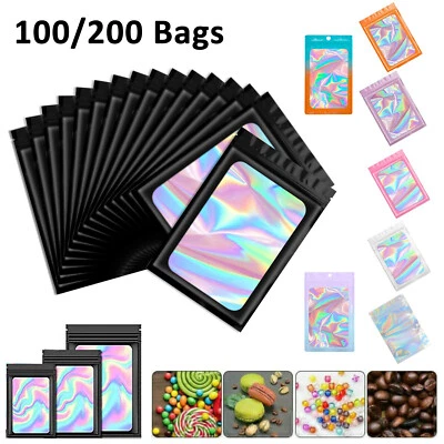 100/200Pcs Holographic Mylar Foil Bags Smell Proof Resealable Zip Seal Pouches - Image 1 of 4