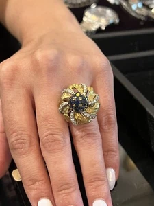 SAPPHIRE & DIAMOND ITALY 18KT GOLD RING 49 STONES 14.00G SIZE:6.5 FINE DETAIL - Picture 1 of 7