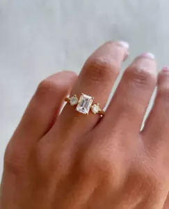 2.30 Ct Emerald-Cut Moissanite Three Stone Women's Ring 14k Yellow Gold Plated - Picture 1 of 4