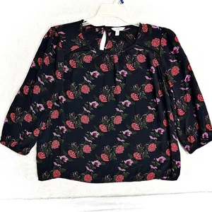 Lucky Brand Blouse Womens XL Black Floral 3/4 Sleeve Peasant Top Keyhole Back - Picture 1 of 14