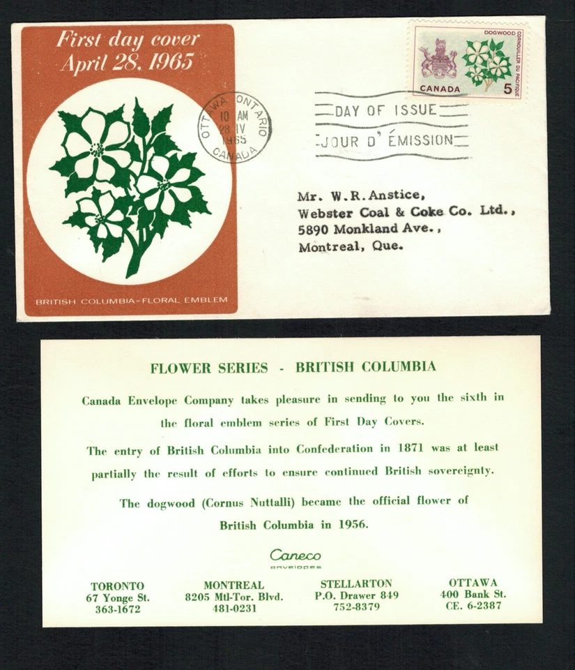 Canadá #423, 1965 5¢ a.C. Emblema Floral, Caneco cachet FDC con inserto Foto 1 de 1