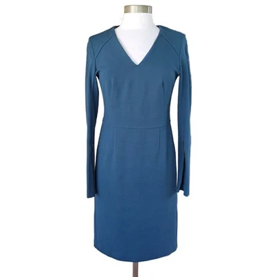 WORTH Long Sleeve Sheath Dress Size 4 Peacock Blue Ponte V-neck Workwear - Image 1 of 4