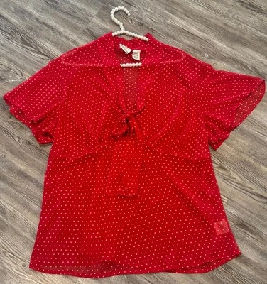 Blusa para mujer JACLYN SMITH roja de gasa blanca a lunares manga corta acampanada 2X Foto 1 de 4