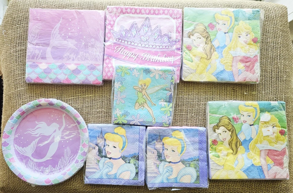 Lot Of 8 Pkgs Girls Party Paper Napkins Disney & More Tinkerbell, Cinderella  - Image 1 of 4