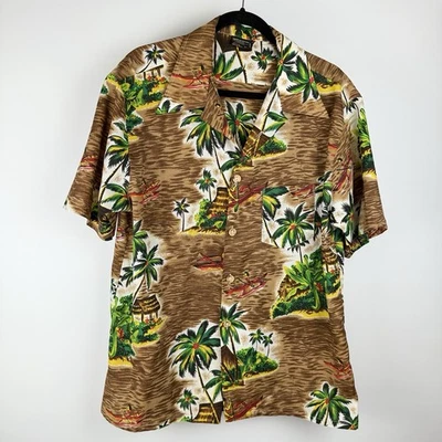 Vtg Towncraft JCPenny Hawaiian Shirt Men's XL Outriggers Hula 70s Dagger Collar - Image 1 of 4