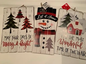 New! Christmas Door Hanger Plaque Snowman Trees Let it Snow Merry And Bright - Picture 1 of 9