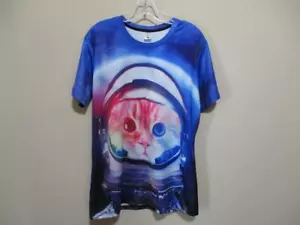 Aldeaone Unisex Size Extra Large Blue Pink Short Sleeve T-Shirt Space Cat Design - Picture 1 of 4