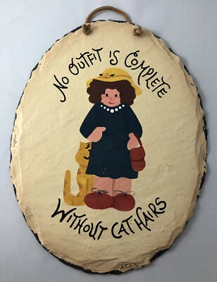 Vintage Plain Jane Slate Roof Tile Wall Hanging, 1996 Signed, Folk Art Style Cat - Image 1 of 4