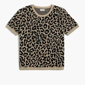 J.Crew Womens L Short Sleeve Leopard Textured Sweater Gold Black Tan