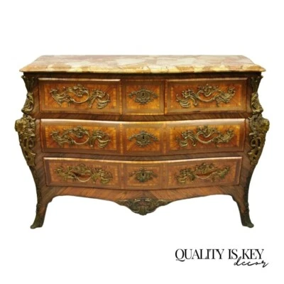 French Louis XV Style Inlaid Marble Top Bombe Commode Chest with Bronze Figures - Image 1 of 4