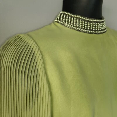 Vtg 60s Randy Collection Chiffon Cocktail Dress Drop Waist Beaded Lettuce Hem - Image 1 of 4