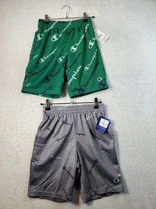 Pair Of Champion Shorts Youth Small Gray Green Polyester Pockets Elastic Waist - Picture 1 of 17