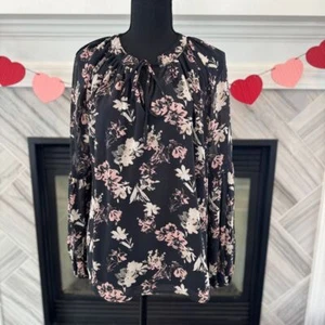 Blusa Ophelia Roe Elegante Floral Manga Larga Negra Rosa Romántica Cuello Atado Top - Imagen 1 de 3