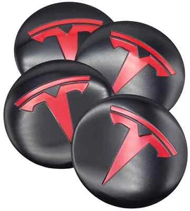 NEW TESLA PACK OF 4 HUBCAP DECAL STICKER EMBLEMS 56MM 2.20" RED/BLACK - Picture 1 of 1