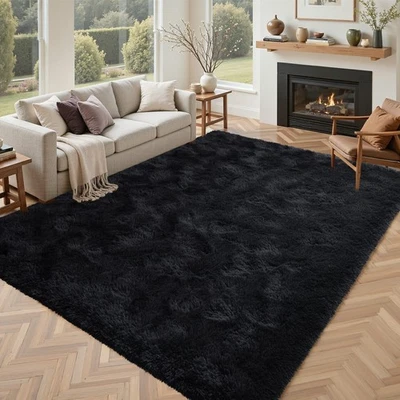 Black Rugs for Living Room Fluffy 4x6 ft Bedroom Rug Non-Slip Area Rugs Shag ... - Image 1 of 4