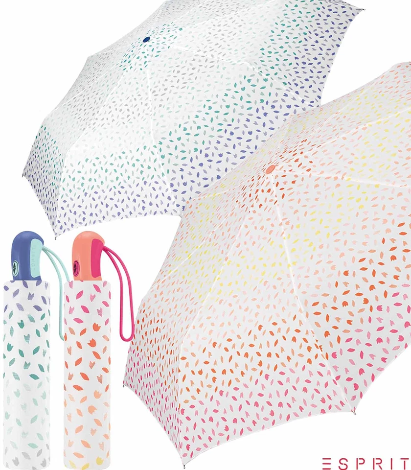 Esprit Regenschirm Damen Taschenschirm Easymatic Auf-Zu-Automatik Blüten Blätter