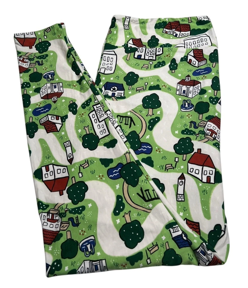 Leggings Lularoe TC2 Alto Curvilíneo 2 Unicornio VERDE Village Fun City Park TREE Town Foto 1 de 4