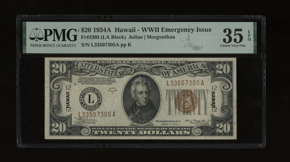 DBR 1934-A $20 FRN Hawaii LA Block Fr. 2305 PMG 35 EPQ Serial L33507305A - Image 1 of 2