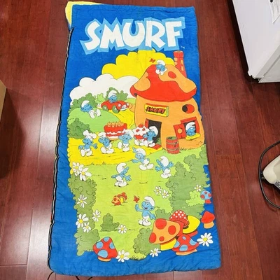 Saco de dormir The Smurfs vintage década de 1980 Wenzel 65"x32" zíperes de trabalho desgaste menor - Imagem 1 de 4
