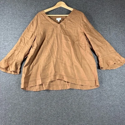 J.Jill LOVE LINEN Bell Sleeve Blouse Womens M Brown V-Neck  Coastal Boho - Image 1 of 4