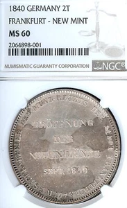 German States Frankfurt 1840 Two Talers Coin Thaler NGC MS 60 VZ/F.STG NEW MINT  - Picture 1 of 3