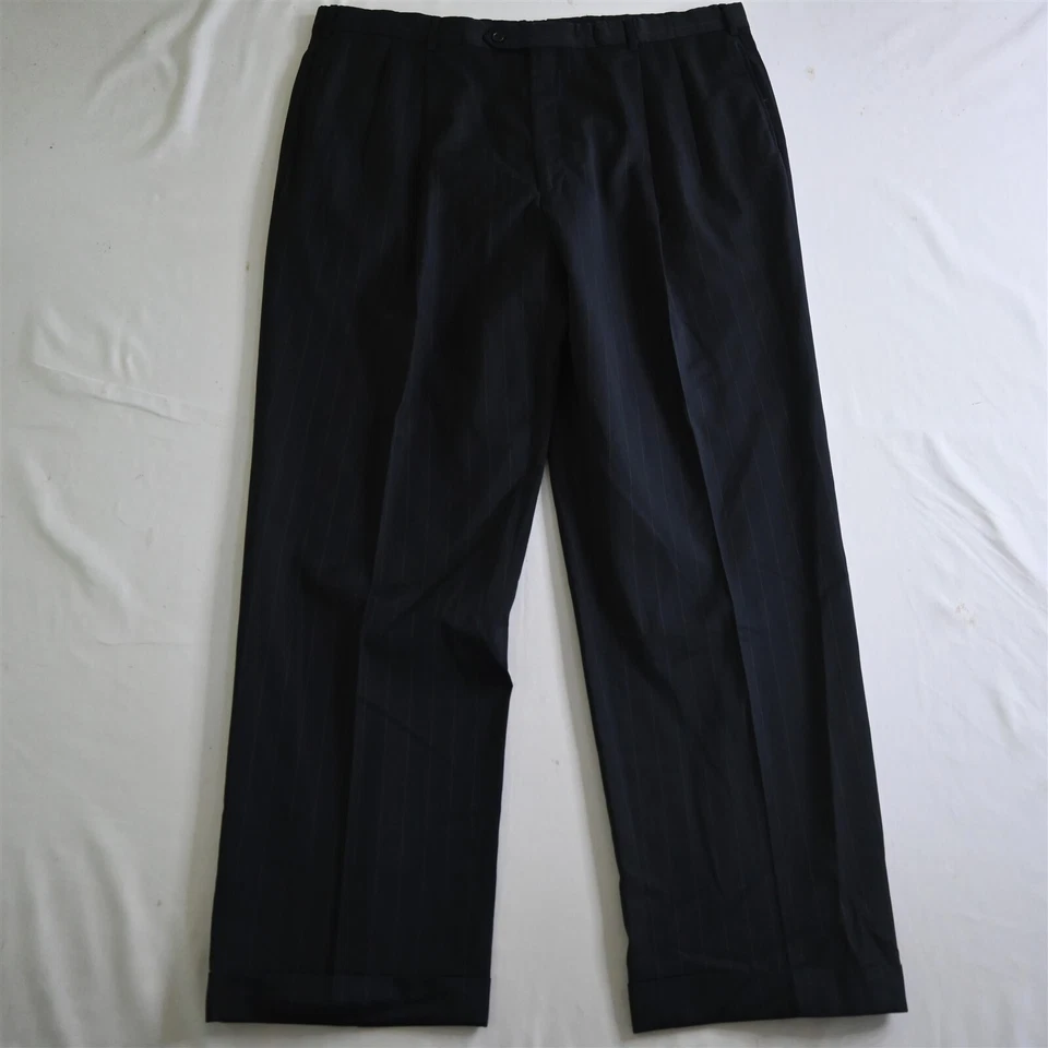 Pantalones de vestir Jos A Bank 36x30 azul marino a rayas 100 % lana plisados con puños Windsor Foto 1 de 4