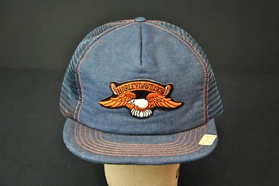 New VTG Sample Harley Davidson Motorcycle Trucker Hat Cap Blue Jean Denim 9625KS - Image 1 of 4