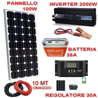 UNIVERSALE Kit Fotovoltaico 1 KW Pwm Inverter 2000W Pannello Solare 100W BATTERIA 38AMP