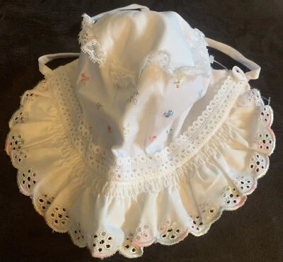 Vintage Infant Bonnet White With Blue And Pink Accents And Lace Hat - Image 1 of 3