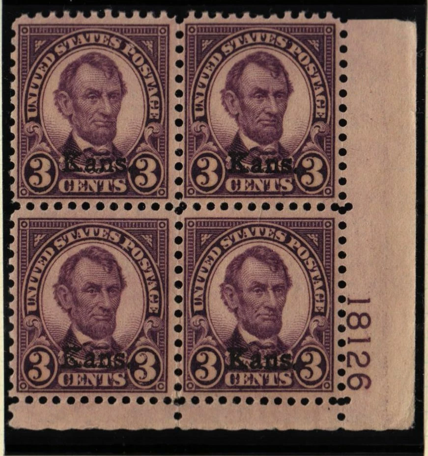 1929 Kansas overprint Sc 661 MNH nice OG FVF plate block of 4 - Image 1 of 1
