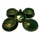Group of 12 Lacquered Wooden ware Green Bowls Plates Lid Gold Flower Decoration