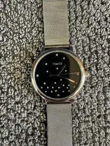 Timex Silver Tone S/steel Fine Mesh Band Black Dial WATCH new battery - Picture 1 of 4
