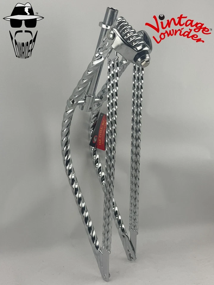26" VINTAGE LOWRIDER BICYCLE BENT TRIPLE SQUARE TWISTED SPRING FORK 1" CHROME. - Image 1 of 2