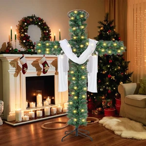 Árbol de Navidad cruces plegables artificiales preiluminadas de 6 pies con corona de seda con luz LED nuevo - Imagen 1 de 8