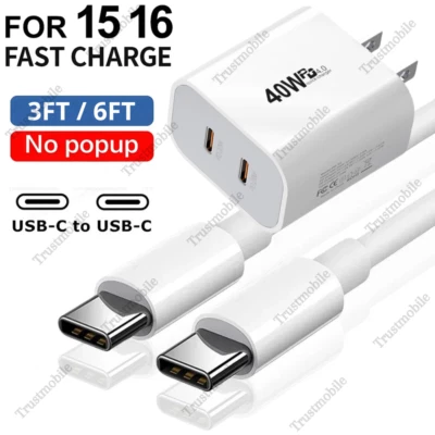 Para iPhone 16 15 Pro 40W Tipo C Cargador Rápido Adaptador Bloque PD USB C Cable de Carga Foto 1 de 4