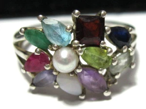 Multi Gem Sterling Silver Ring, Size S 9, Emerald, Ruby, Peridot, Diamond etc - Picture 1 of 5