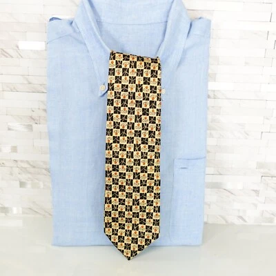 Ungaro Neck Tie Mens Black Yellow Floral Check Silk Luxury Suit Patchwork Flower - Image 1 of 4