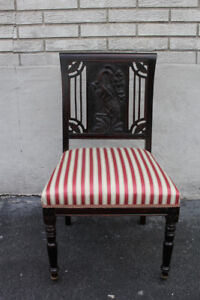Outstanding 19th C. English Carved Vanity Desk Chair, New Red & Beige Uphosltery