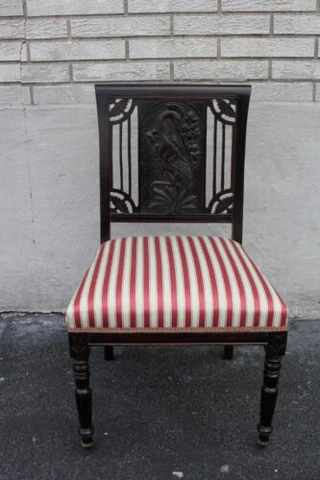 Outstanding 19th C. English Carved Vanity Desk Chair, New Red & Beige Uphosltery Cover
