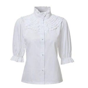 Women Victorian Blouse with Ruffles Stand Collar Retro Lady White Shirt Lolita - Picture 1 of 9