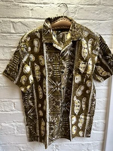 Men's Aloha Shirt From Fiji Tan Brown White Green Abstract Design Size L - Picture 1 of 5