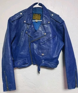 Vintage 90s Protech Leather Apparel Jacket Blue Damen Cropped Biker Motorrad - Bild 1 von 8