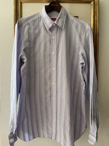 ISAIA Napoli Dress Shirt Mens 41 Purple Stripe Long Sleeve Cotton Italy Clean ! - Picture 1 of 5